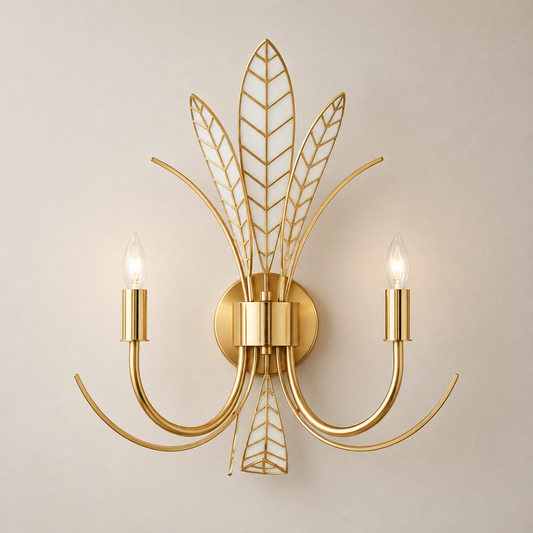 Gold 18.5-inch wall sconce with Antique Brass leaf accents