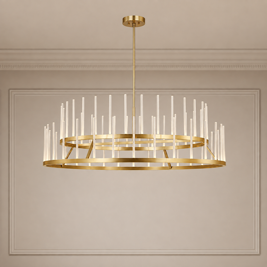 60-Inch Gold LED Chandelier with Etched Crystal Tapers and Brass Frame