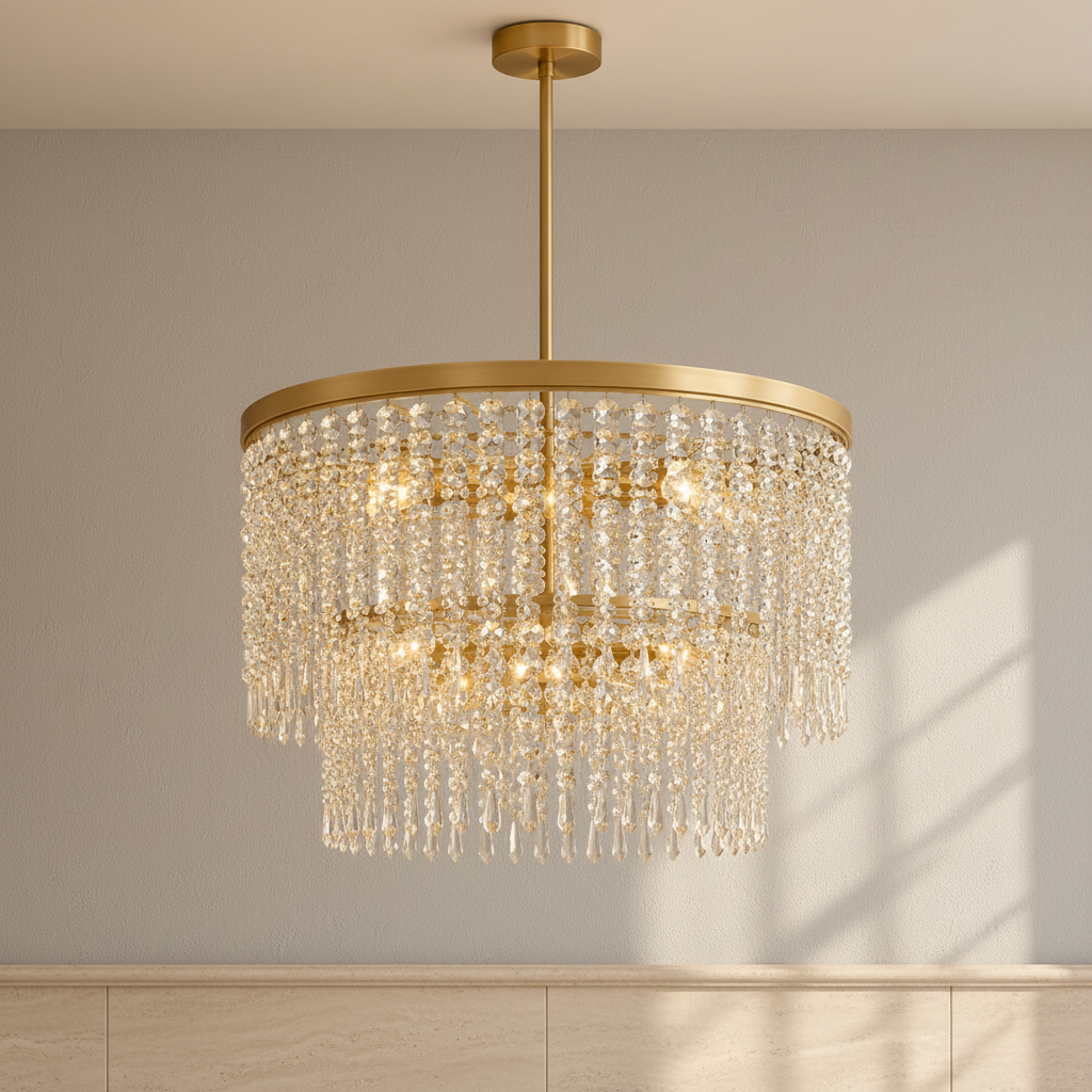A gold-finished multi-tiered chandelier with cascading clear crystal prisms, shown hanging from a ceiling in an indoor room with paneled walls.